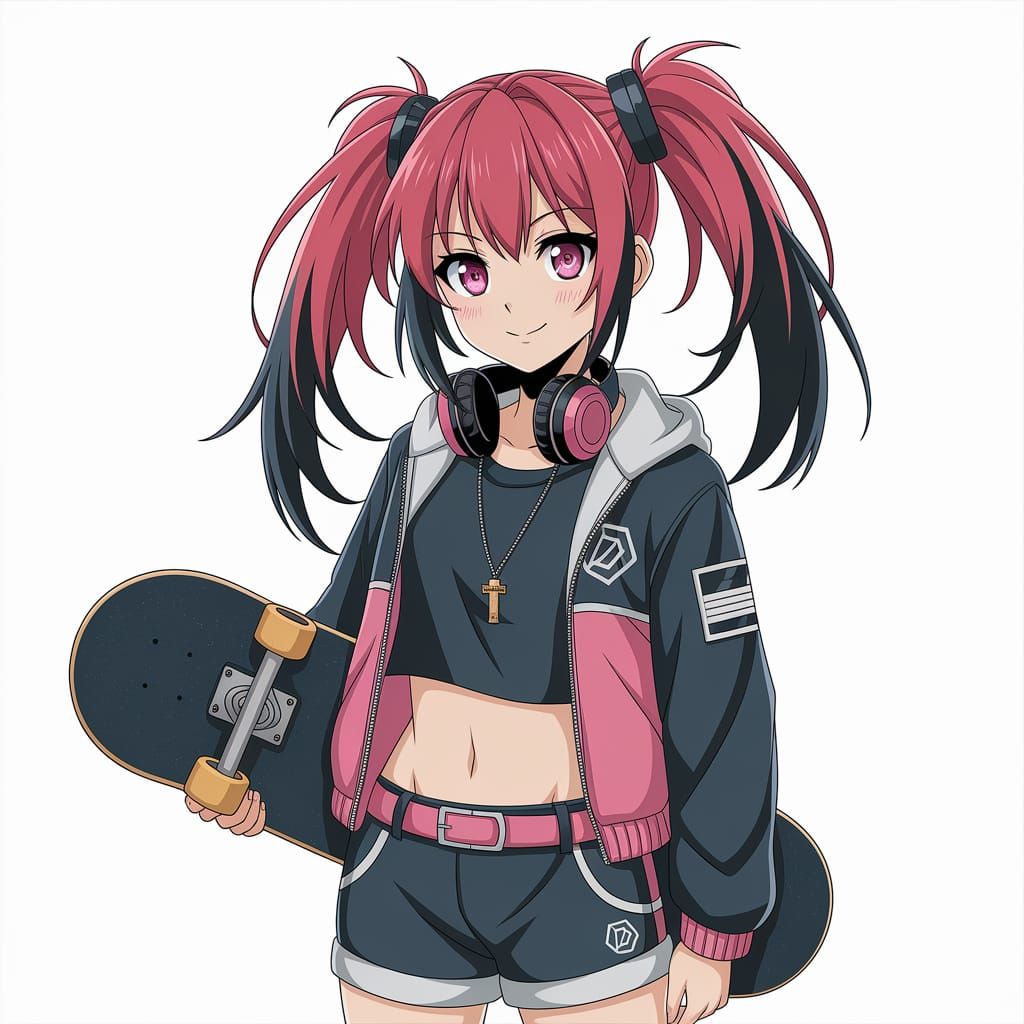Anime Girl with Skateboard in Hip Hop Style