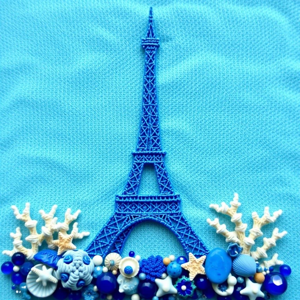 Blue Embroidered Eiffel Tower with Seashells and Jewels