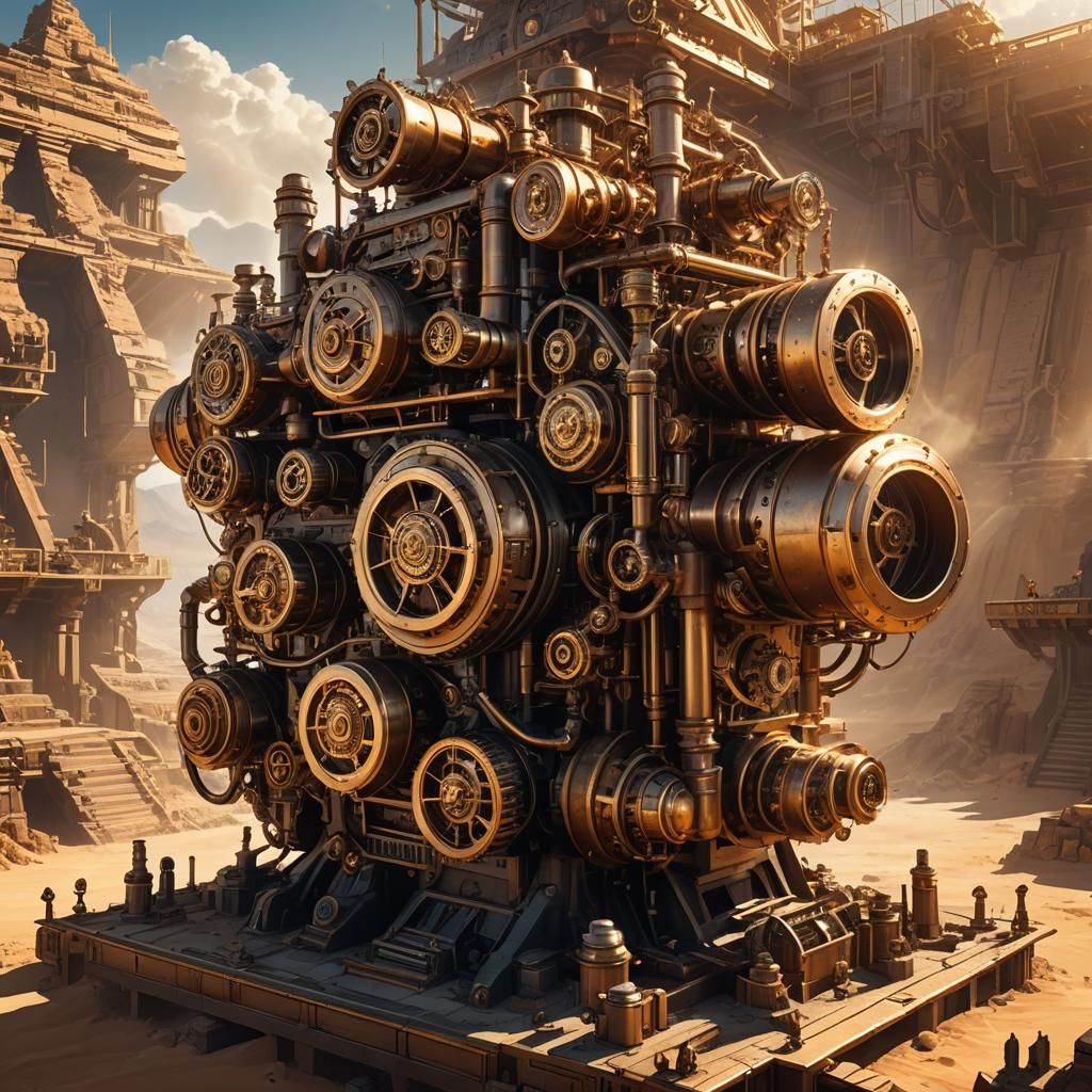 Steampunk Engine atop Pyramid Emitting Light Beams
