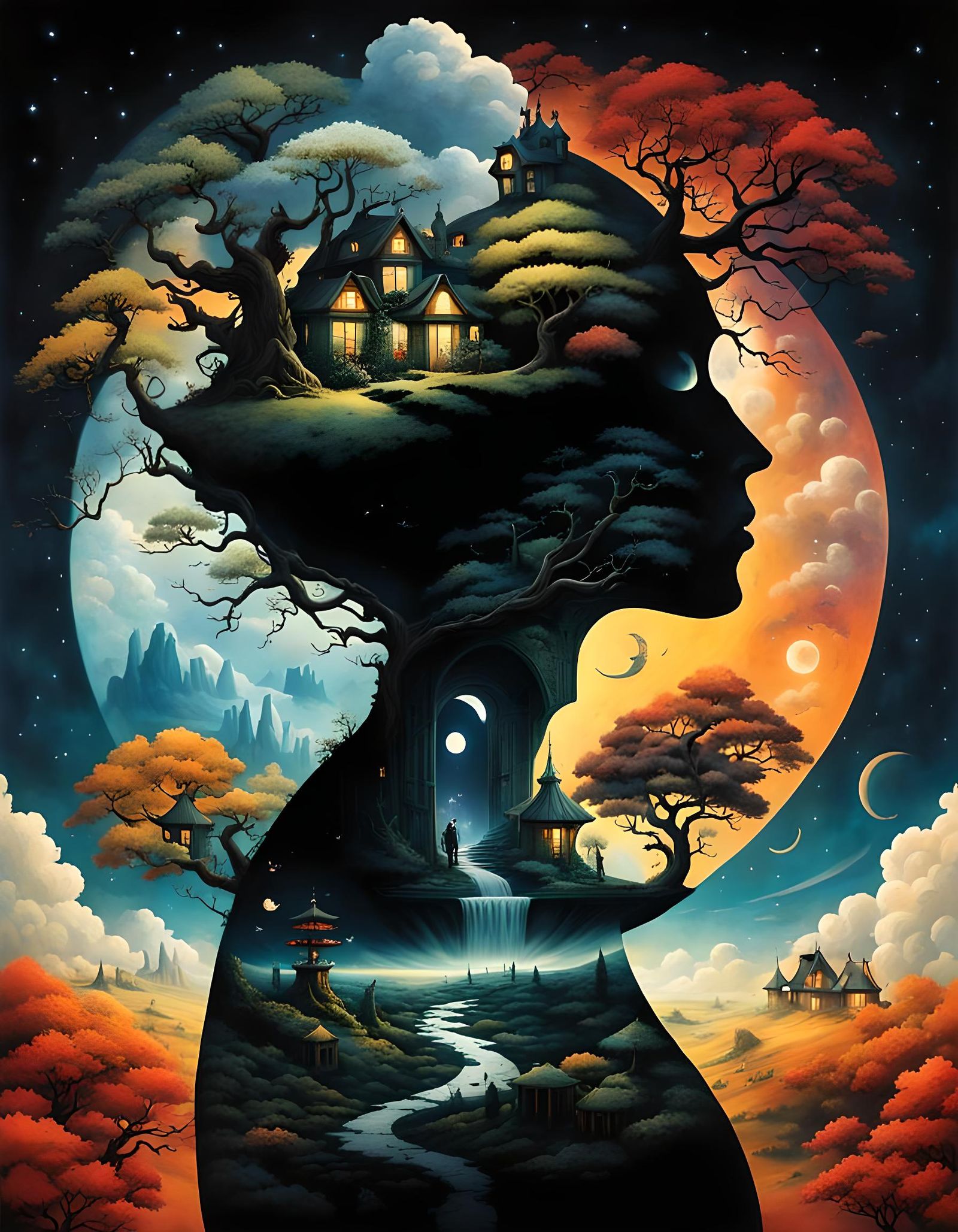 Surreal Stargate Scene with Bonsai and Cottages