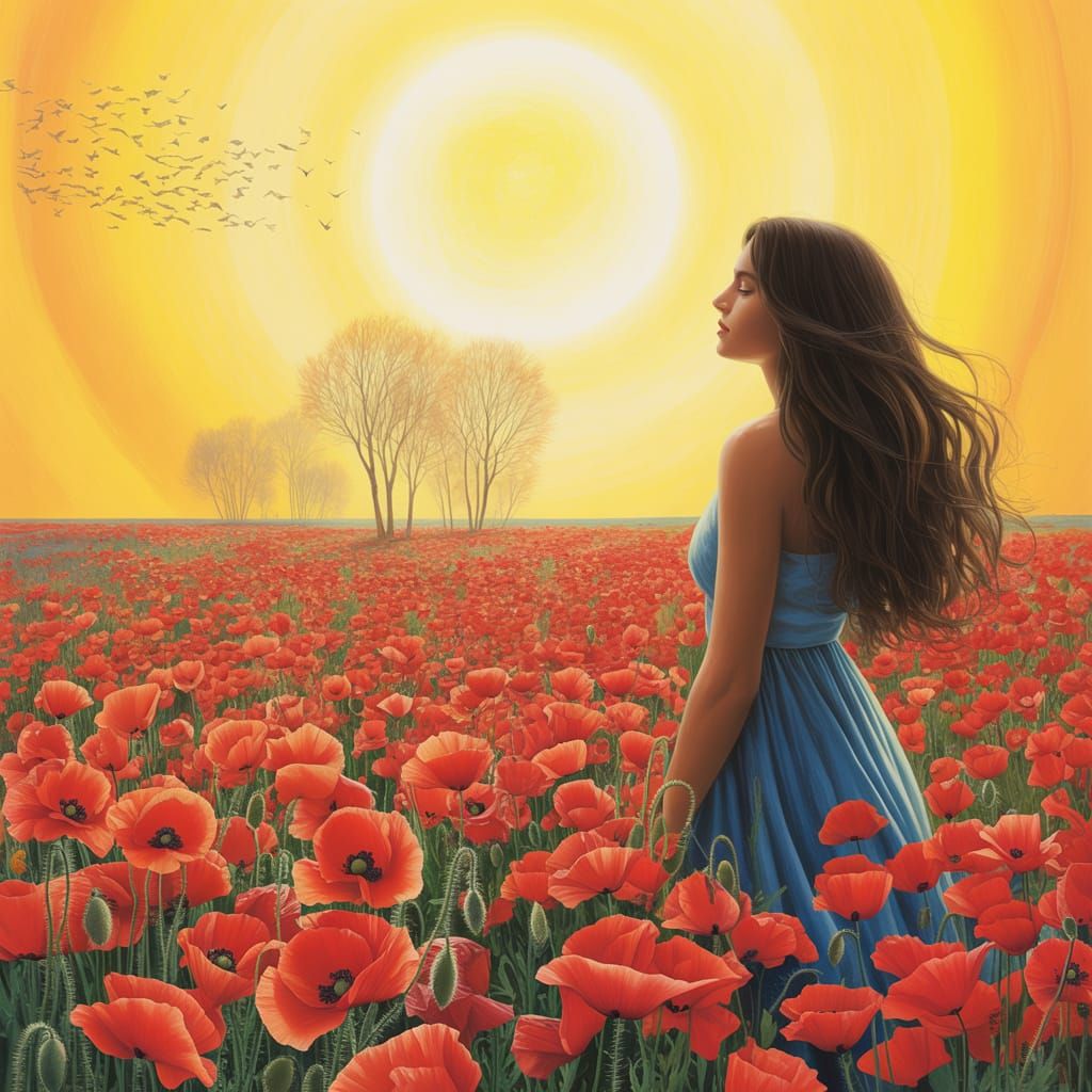 Woman in Poppy Field: Serene Digital Painting