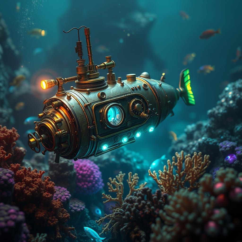 Steampunk Submarine Navigates a Bioluminescent Coral Reef