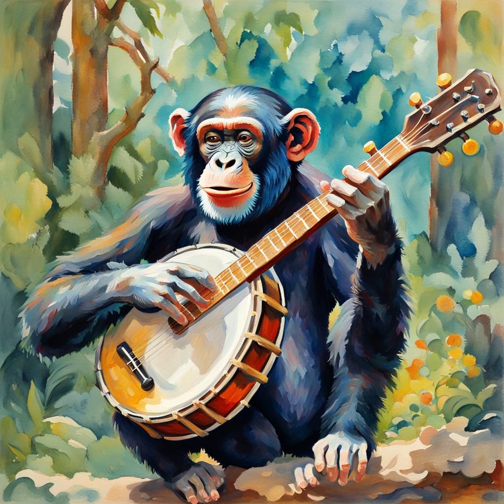 Chimp Plays Banjo: Gouache Watercolor Impressionist Masterpi...