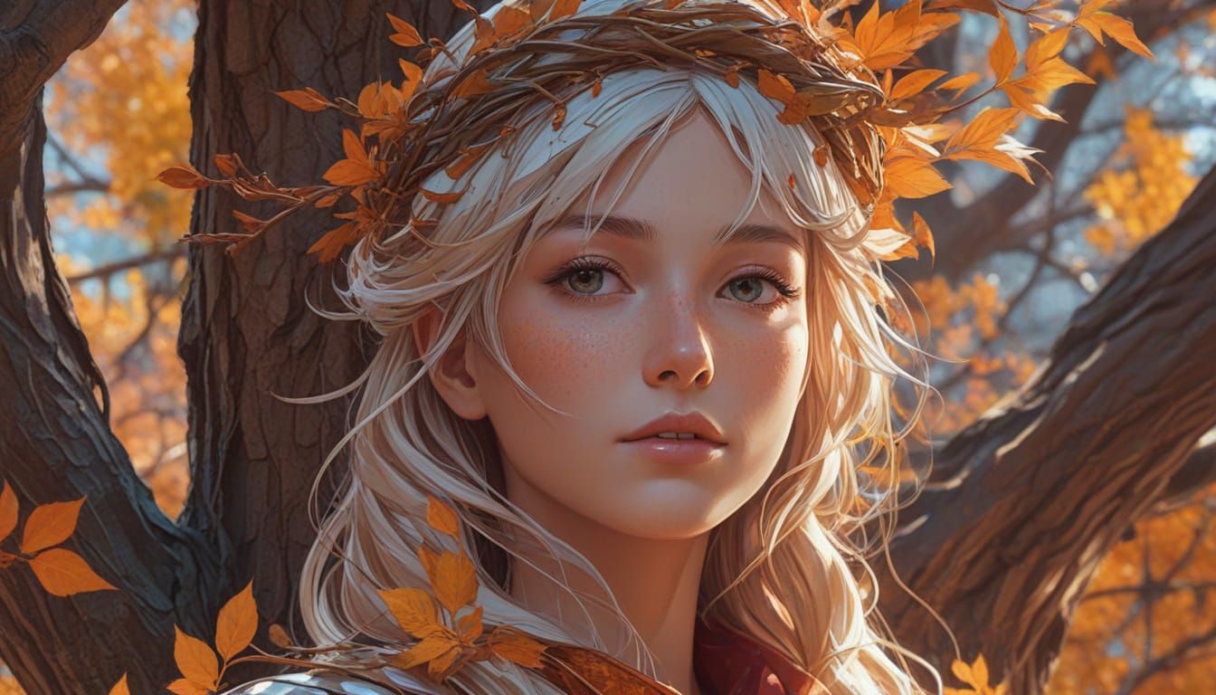 Anime Portrait of Woman with Autumn Flower Crown