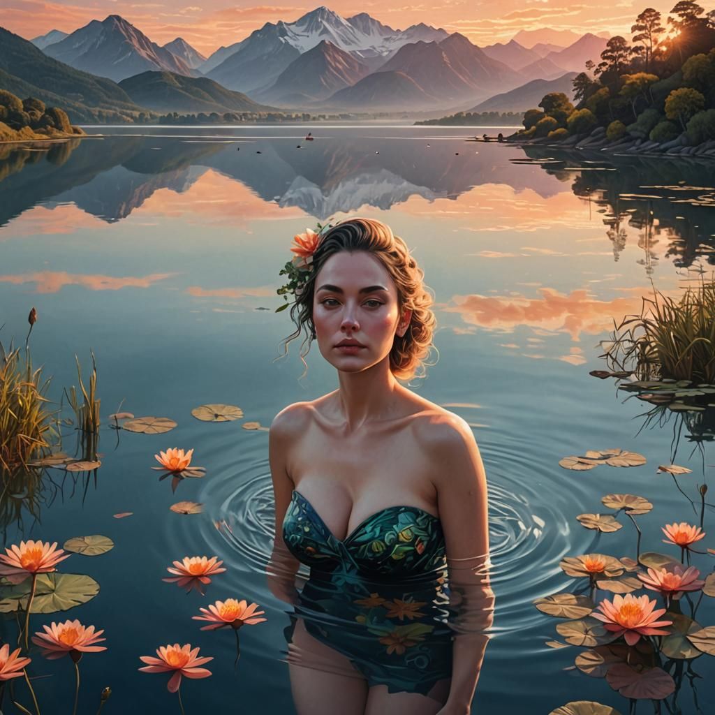 Biopunk Double Exposure: Lady in Mountain Lake