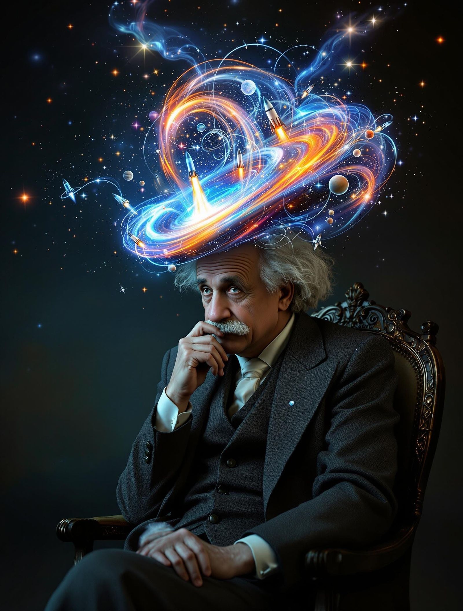Einstein's Cosmic Contemplation: A Sci-Fi Portrait