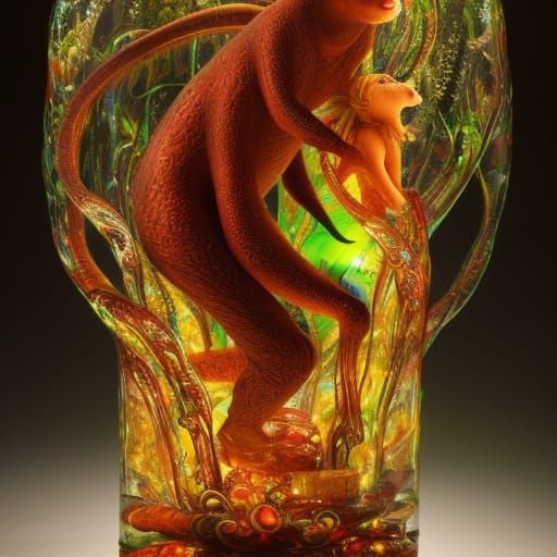 Mythical Sculptures in Glass Bottle: Fantasy Gouache Paintin...