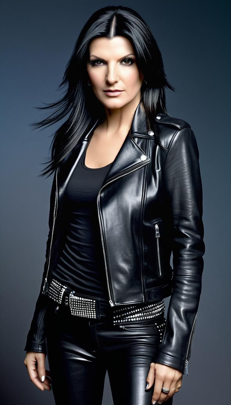 Laura Pausini Portrait in Black Leather, Hyperrealistic
