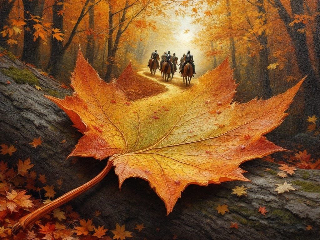 Armored Knights Ride Through Autumn Forest in Textured Oil P...