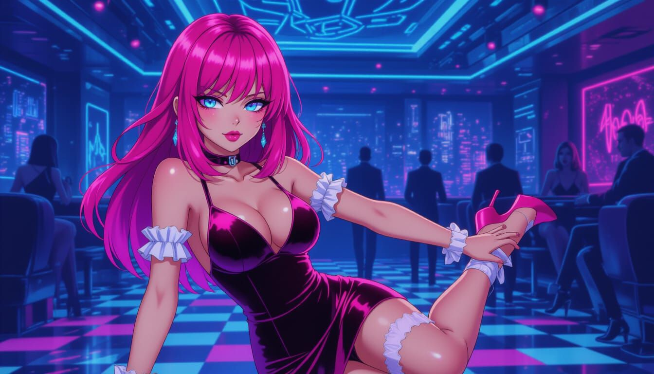 Cyberpunk Woman in Pink Velvet Dancing in Neon Nightclub