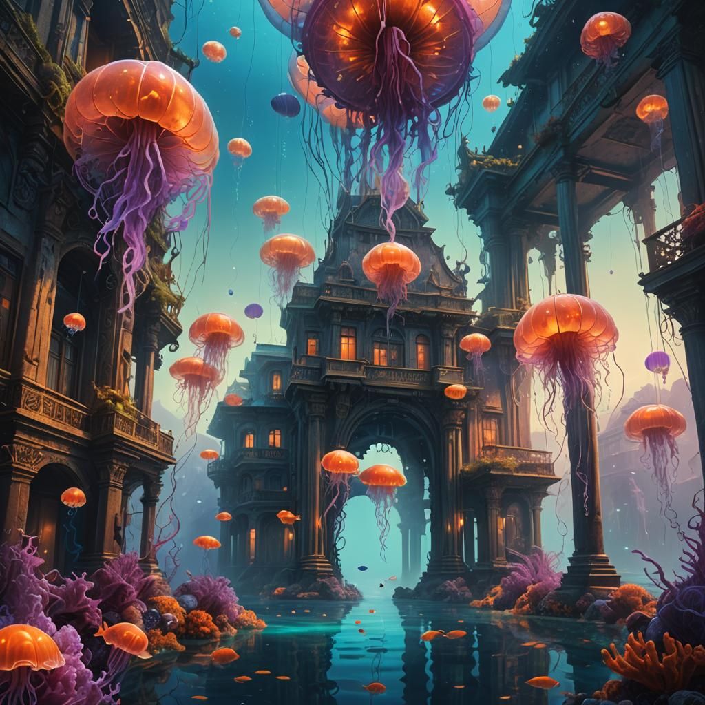 Ornate Underwater Hotel in Dark Surrealism Style