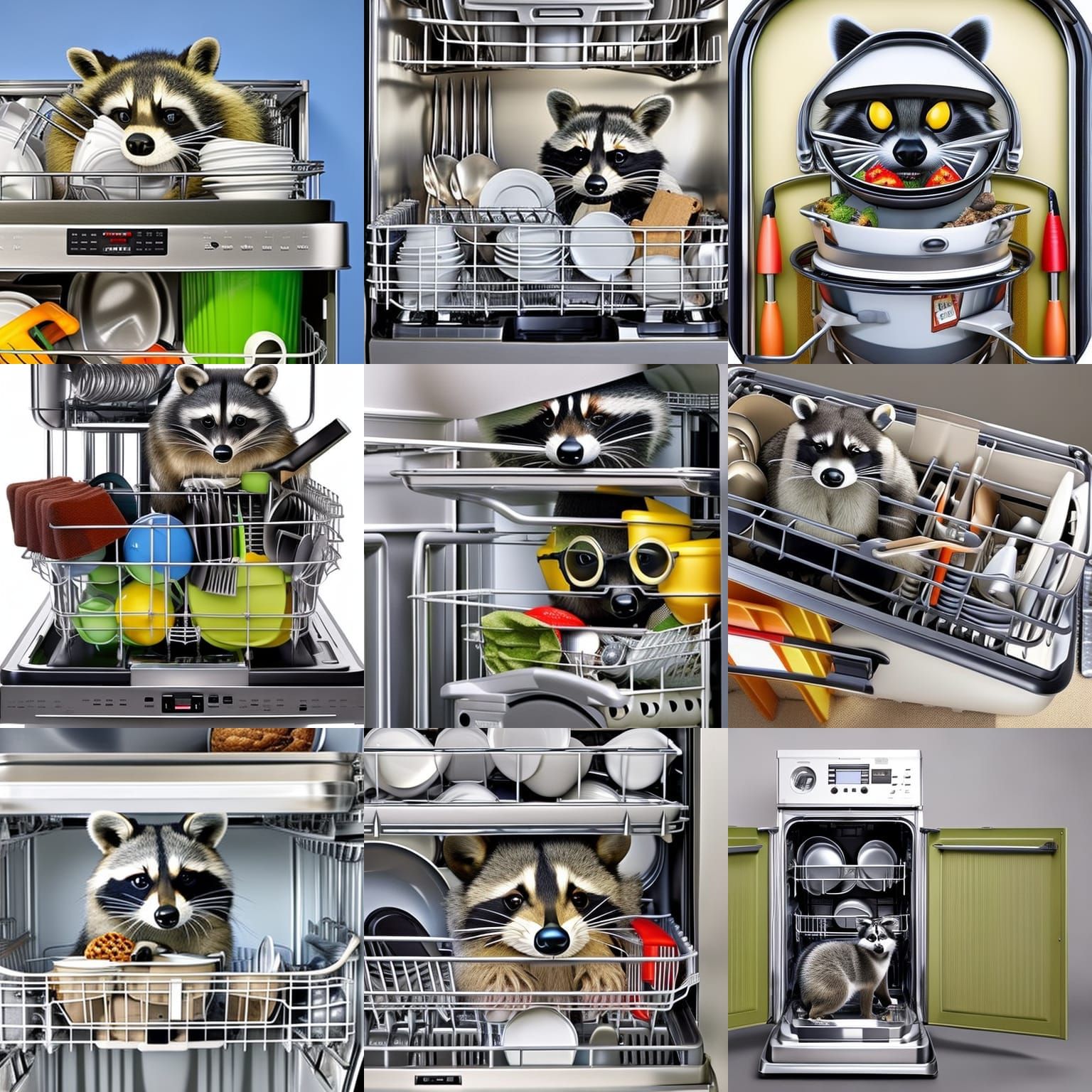Photorealistic Raccoon Packing a Dishwasher