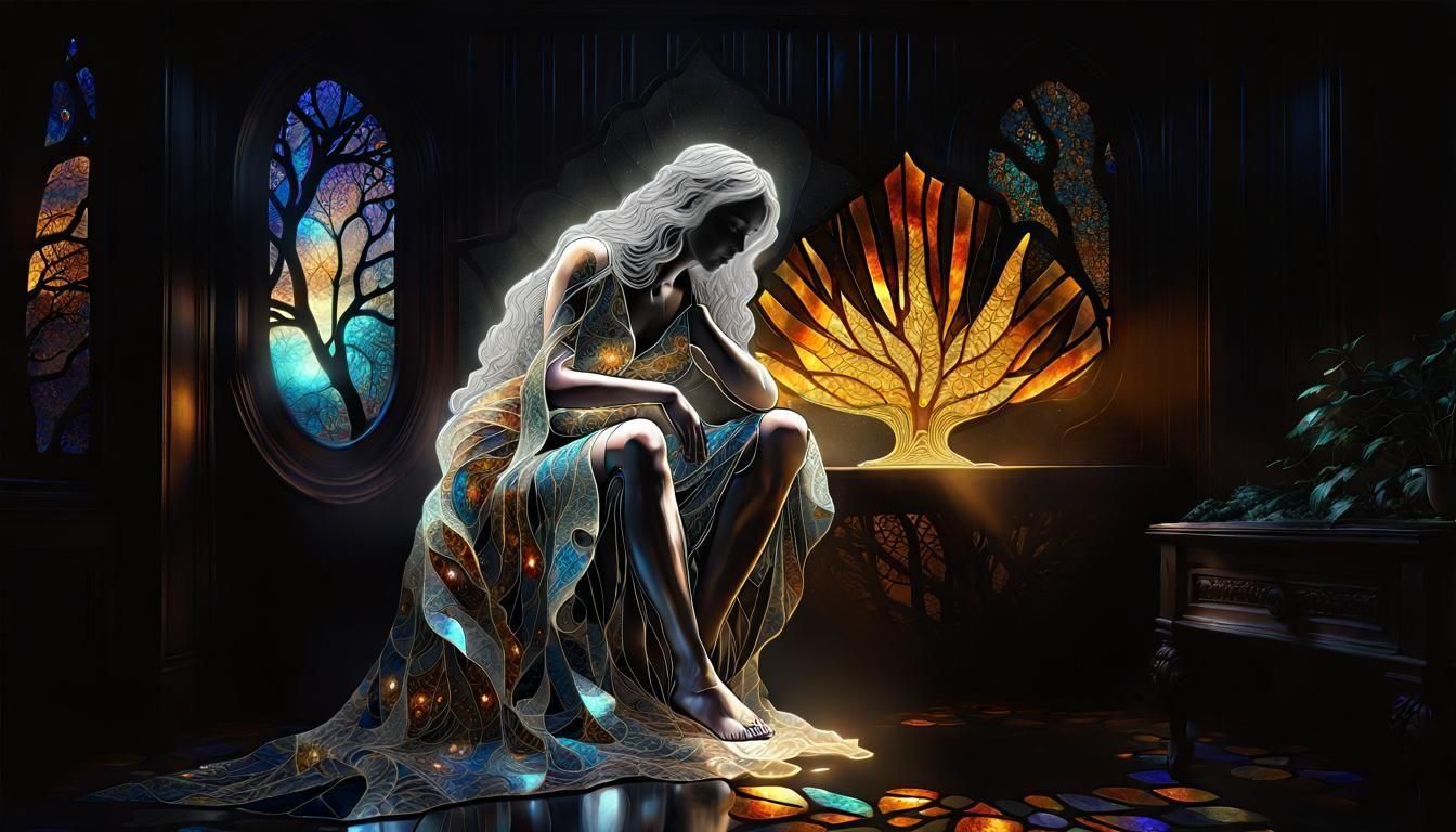 Haunted Woman in Tiffany Stained Glass, Astral Illustration