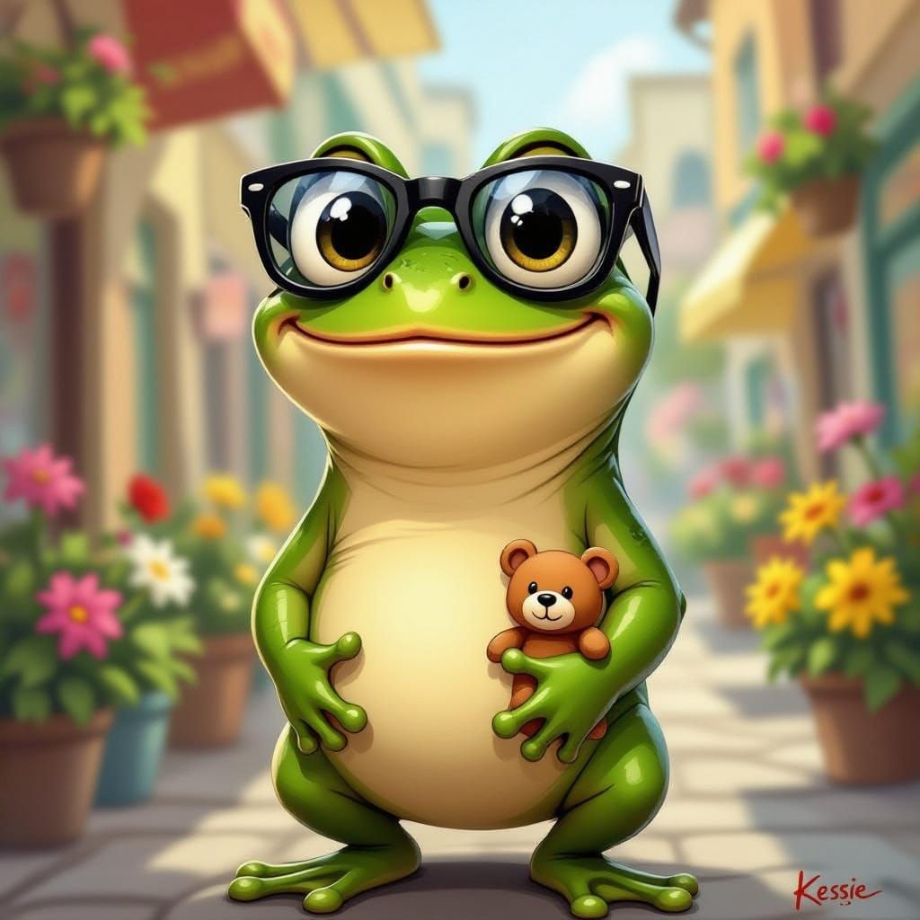 Funny Frog with Sunglasses Buys Flowers with Teddy