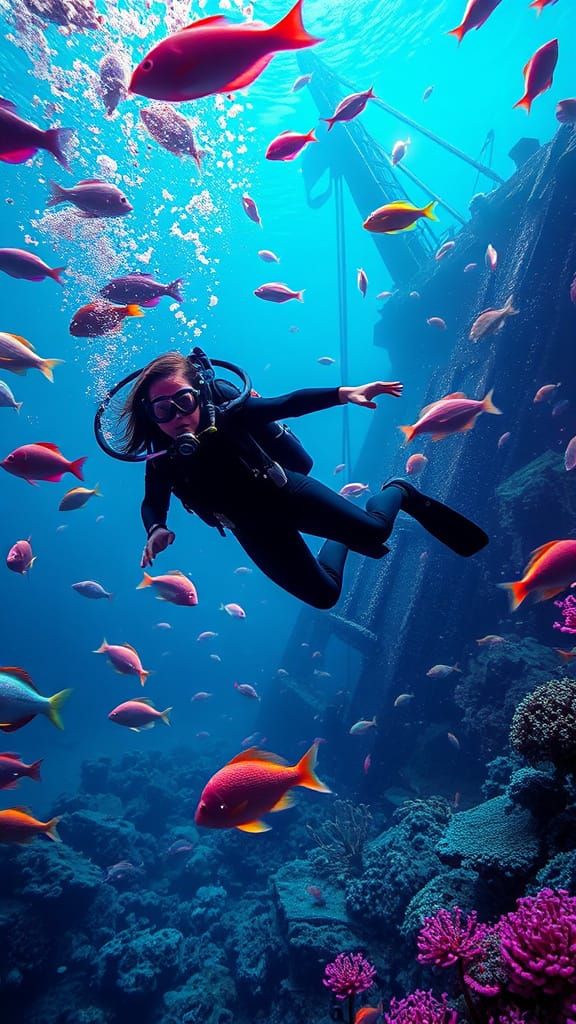 Neon Scuba Diver Explores Shipwreck in Synthwave Style