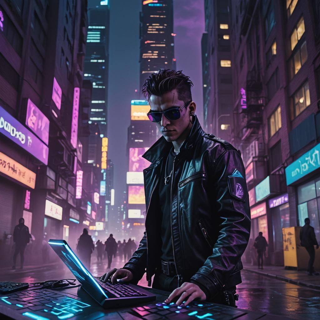 Cyberpunk Hacker in Neon Lit Alleyway