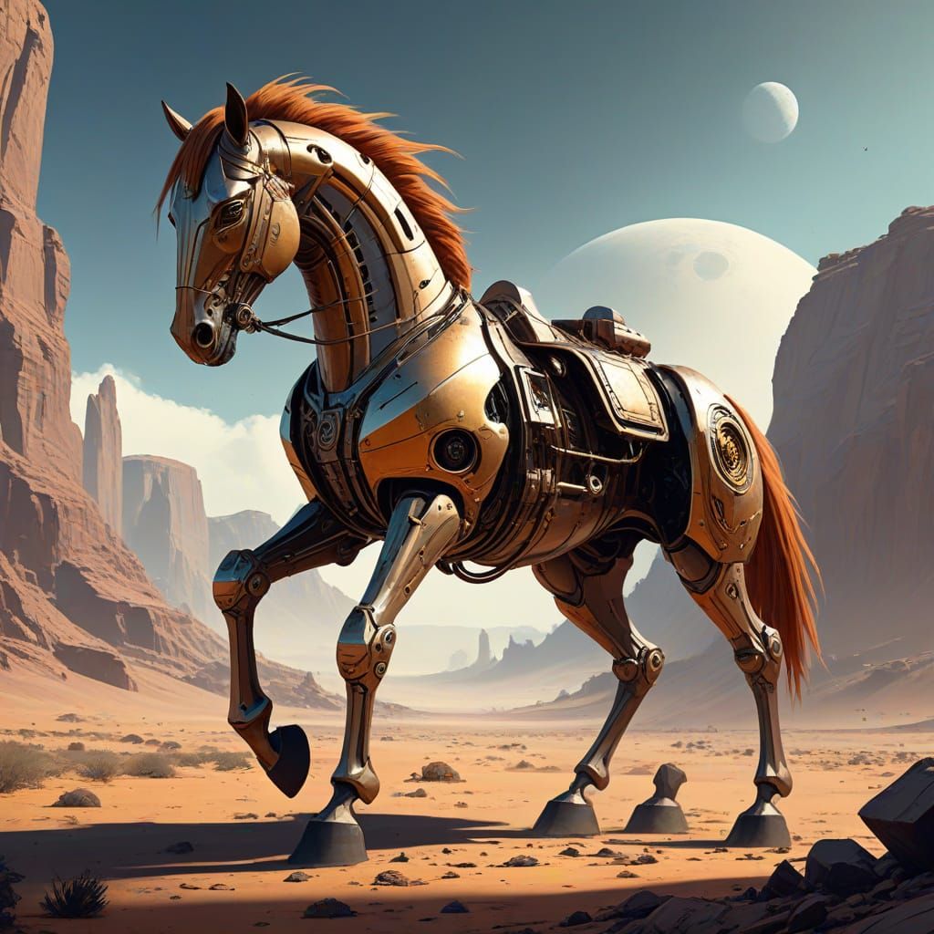 Mechanical Horse Gallops on Alien Planet in Oil Painting Sty...