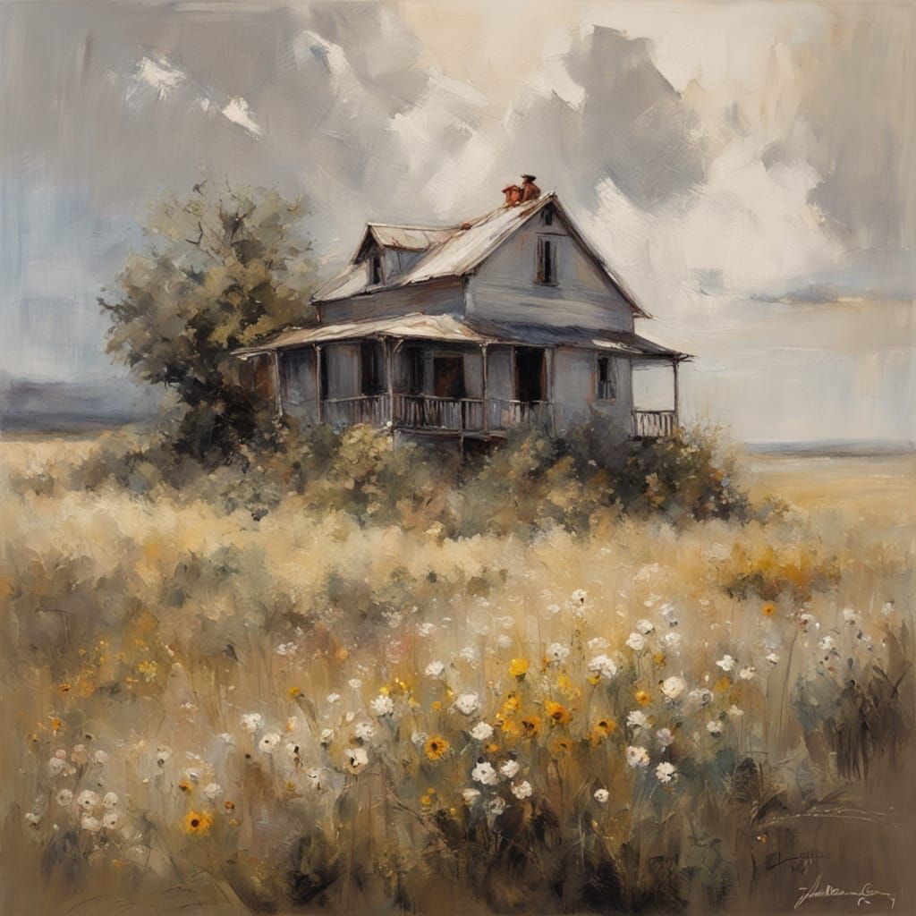 Farmhouse with Time Portal, Hyperrealistic Conte Crayon Art