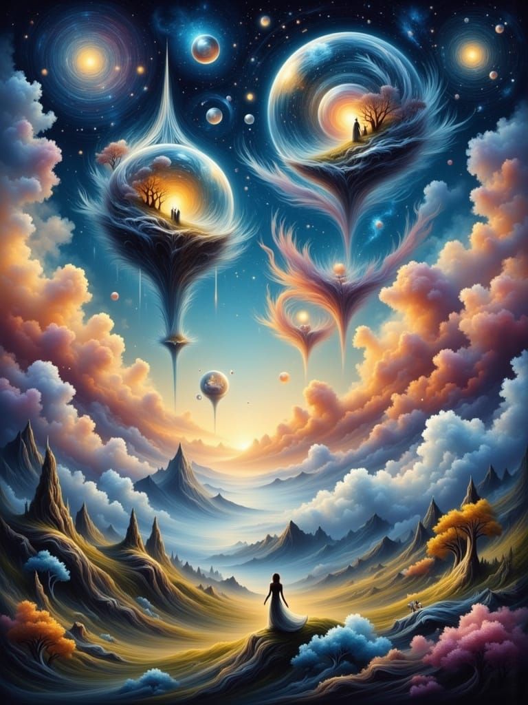 Surreal Landscape: Giant Bubbles with Worlds Drift Through G...