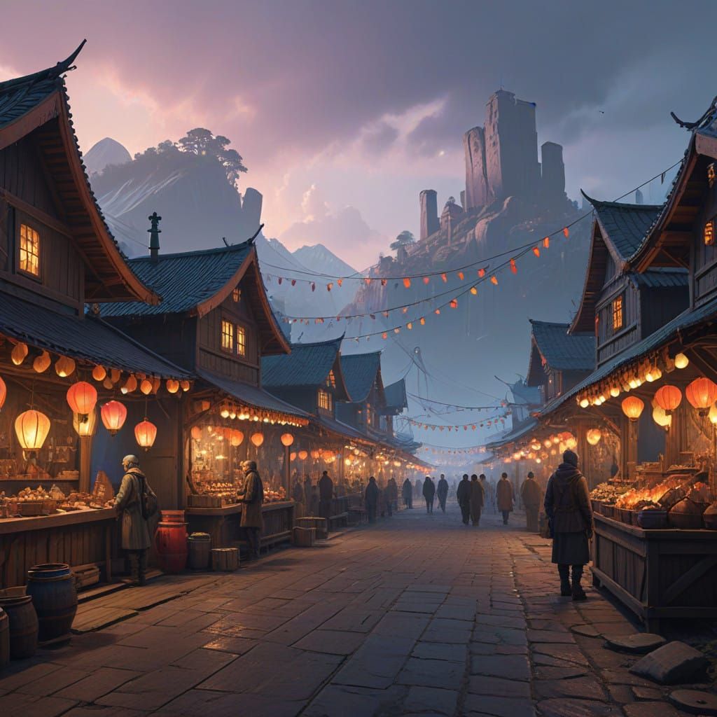 Fantasy Village Festival Under Golden Dusk