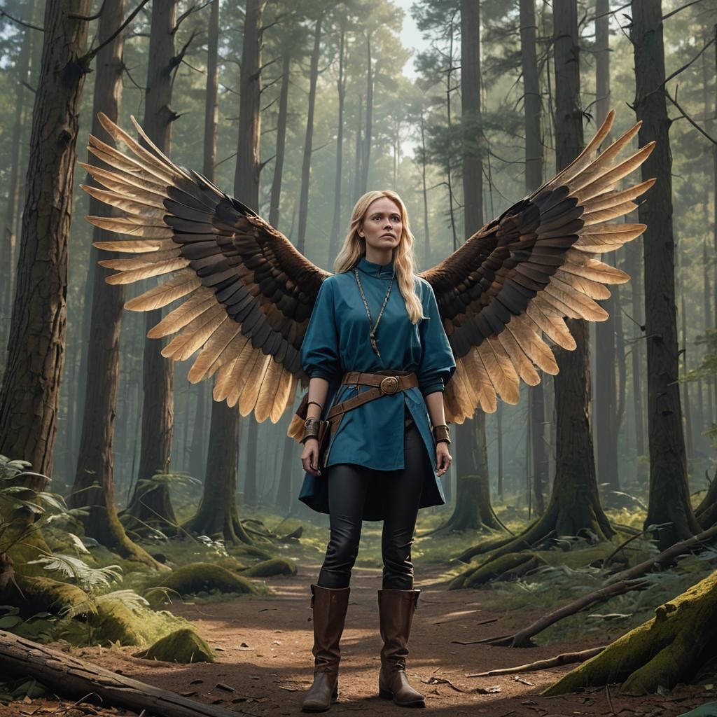 Hawk-Winged Woman in Forest, Matte Painting Style