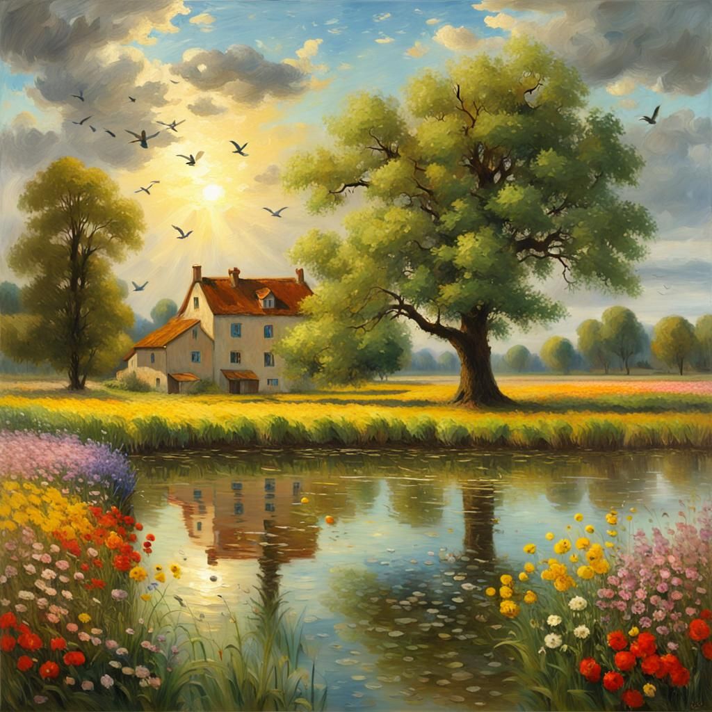 Idyllic Summer Landscape Oil Painting