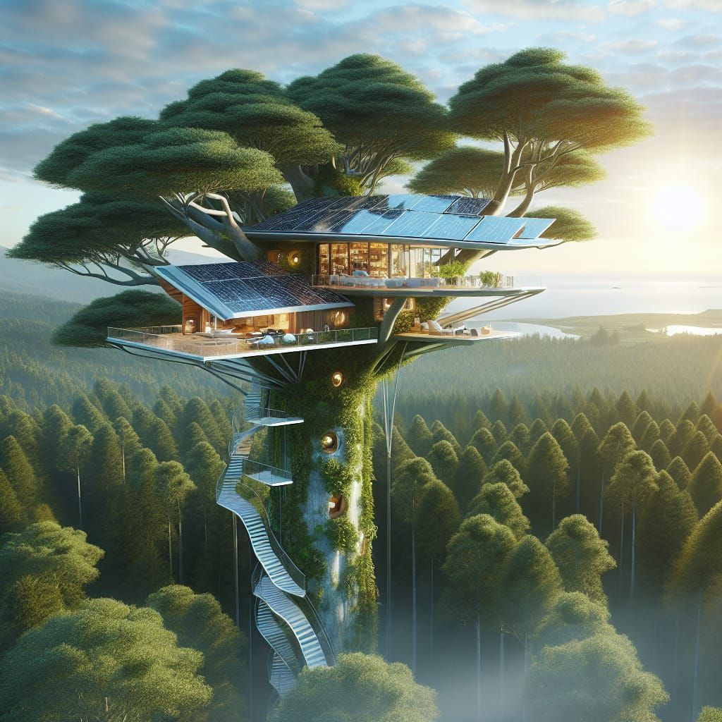 ultra modern Treehouse  with solar panels on roof sitting at top of tree (Tree house DC)