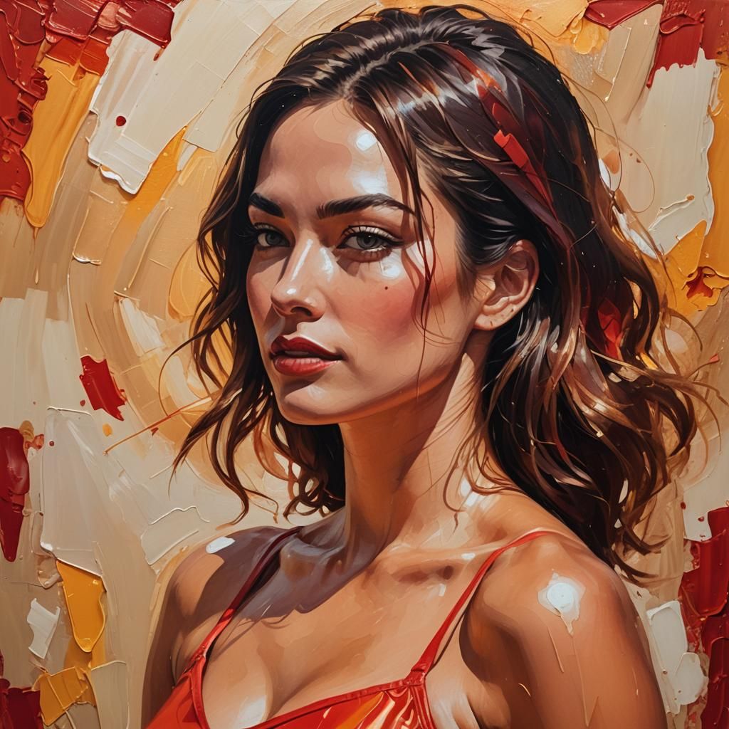 Seductive Girl in Red Swimsuit as Oil Painting