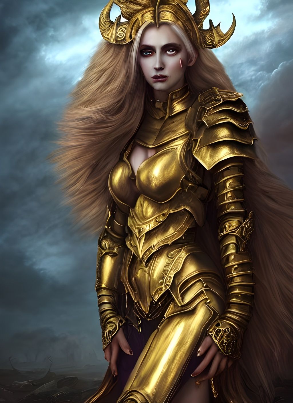 Golden Armored Demonic Goddess on Battlefield