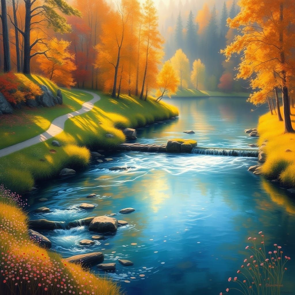 Autumn River Scene in Impressionist Style