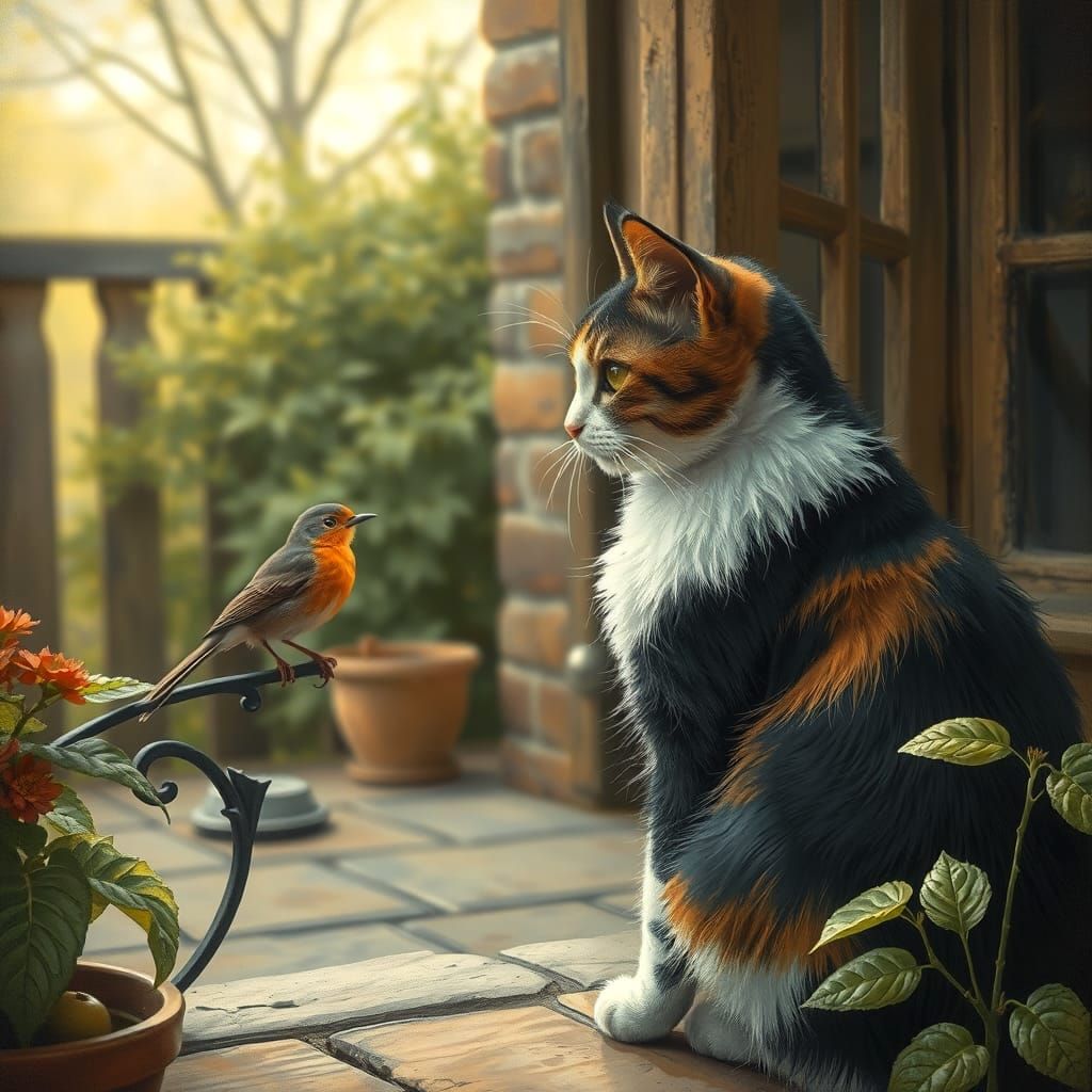 Whimsical Calico Cat Watches Robin on Patio in Rackham Style