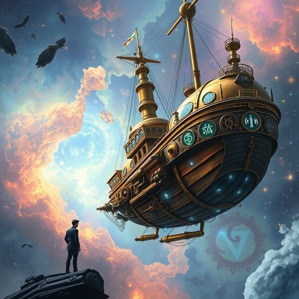 Surreal Steampunk Airship Sails Through Iridescent Nebula