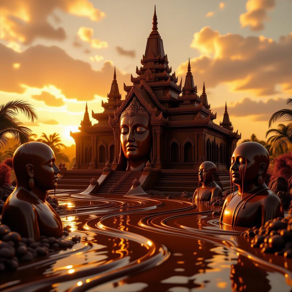 Melting Chocolate Temple at Sunset, Hyperrealistic