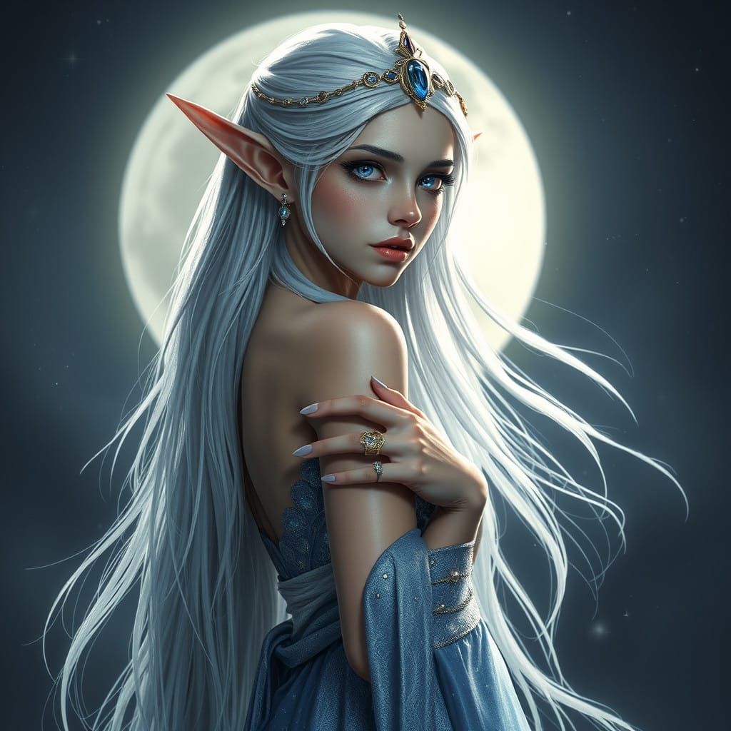 Ethereal Elf Maiden in Star-Embroidered Gown