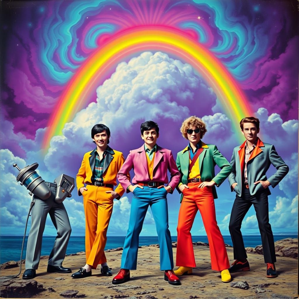 Solarized 1950s Album Cover: Hairy Pants Boys in Cosmic Stor...