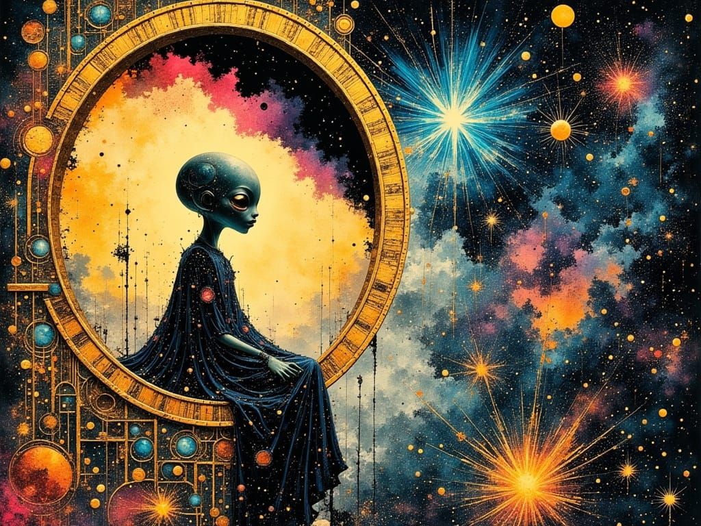 Rococo Alien in Art-Nouveau Starship Gazing at Planets