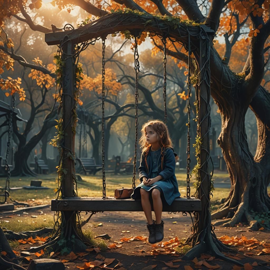 Little Girl on Swing in Empty Park: Matte Painting