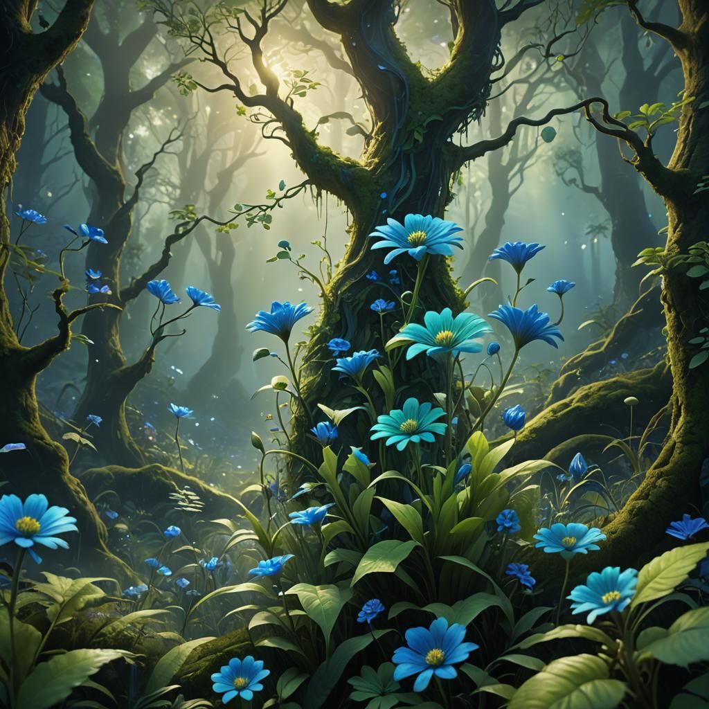 Blue and Green Flower in Mystical Forest