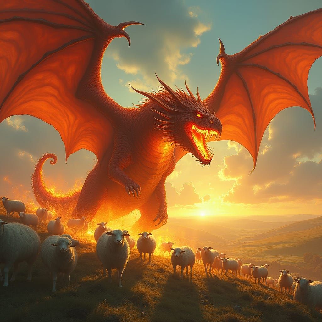 Epic Fantasy Dragon Engulfed in Flames Soars Above Flock of ...