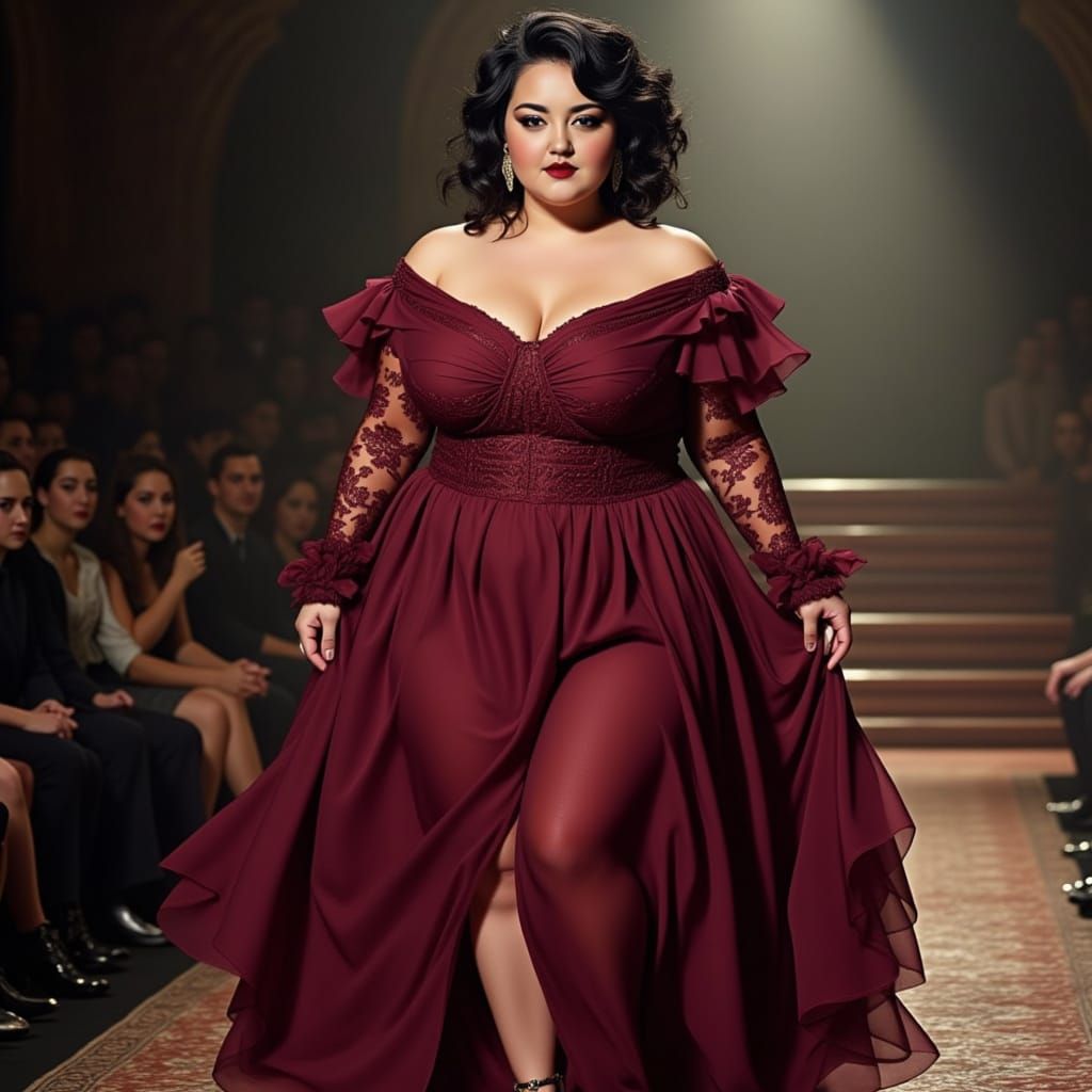 Plus Size Model in Burgundy Dress, Art Nouveau Style