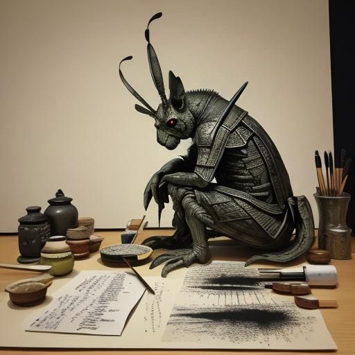 Grasshopper Calligraphy Master with Ink and Scrolls