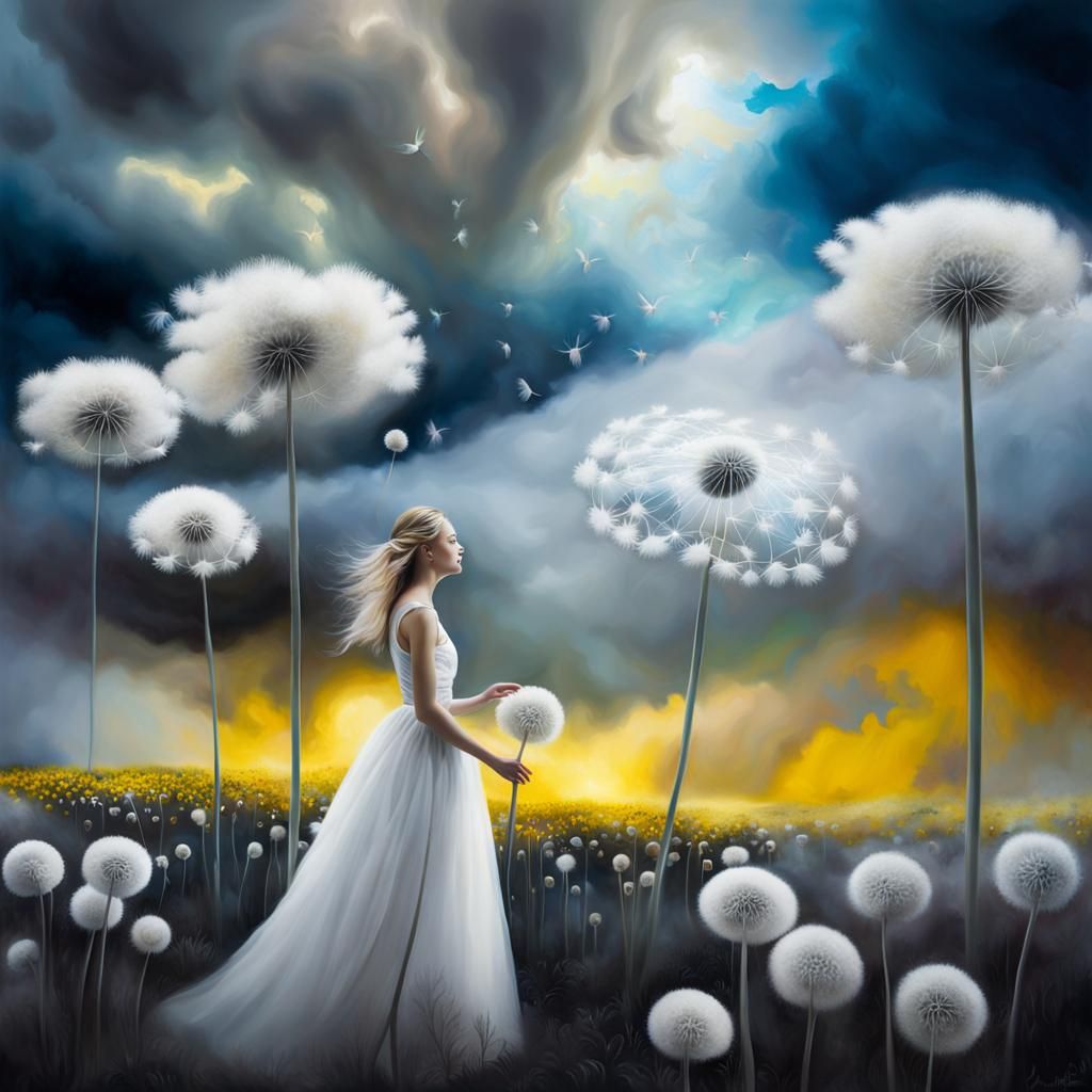 Fairies in Dandelion Dreamscape as Surrealist Oil Painting