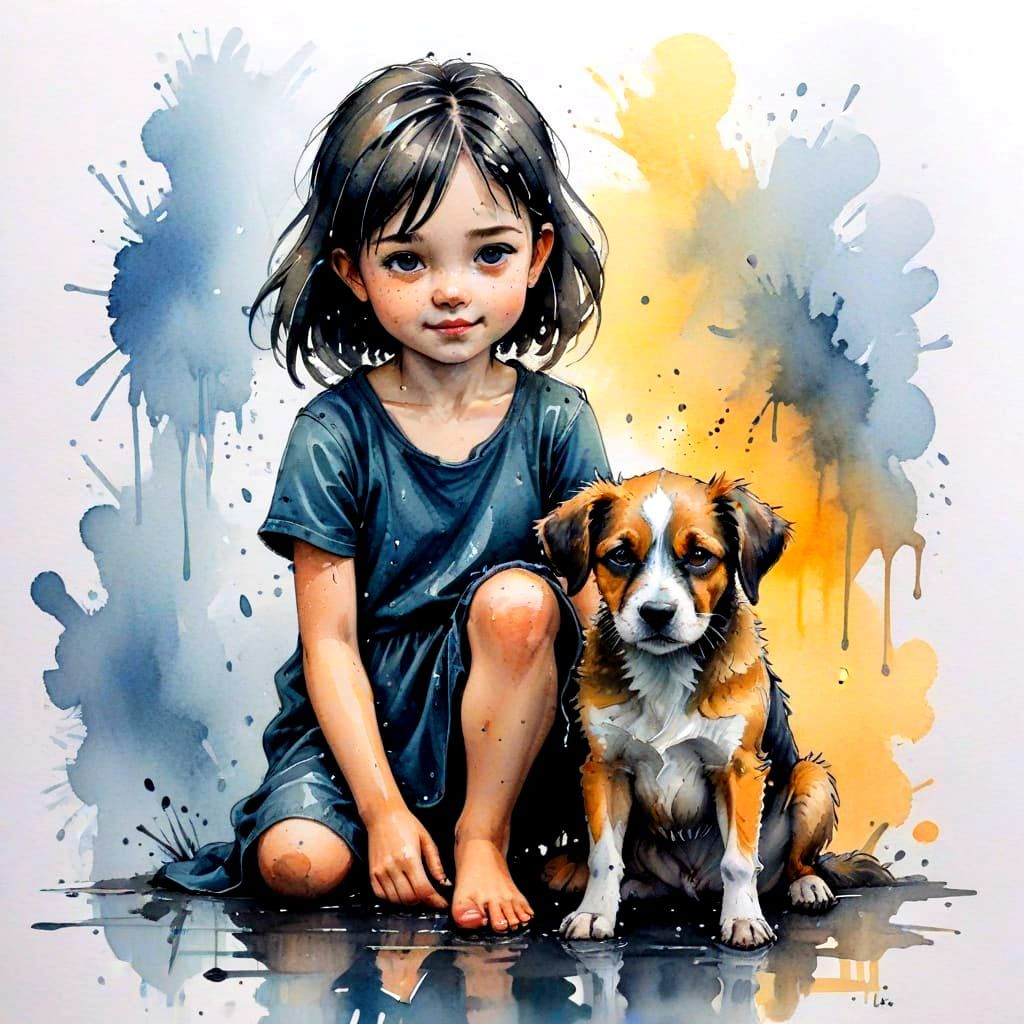Watercolor Portrait of a Young Girl with Her Dog in a Soft G...