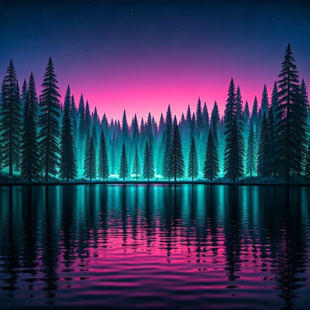 Serene Lake Reflecting a Neon Dreamscape