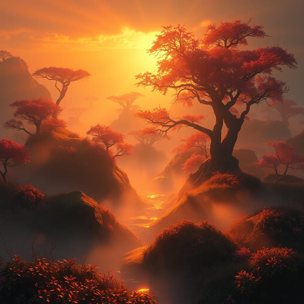 Golden Eerie Landscape Illuminated by Heartfelt Wonder