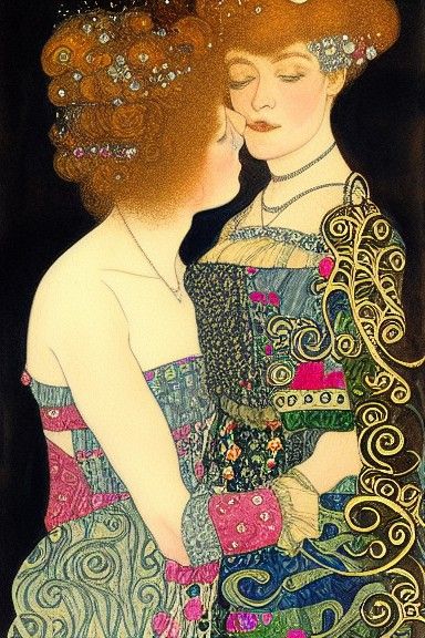 Romantic Rococo: Two Women Embrace, Klimt Style