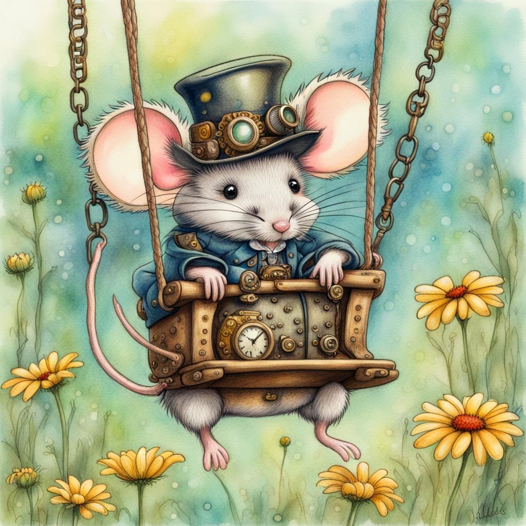Whimsical little ssteampunk mouse having fun on a swing.