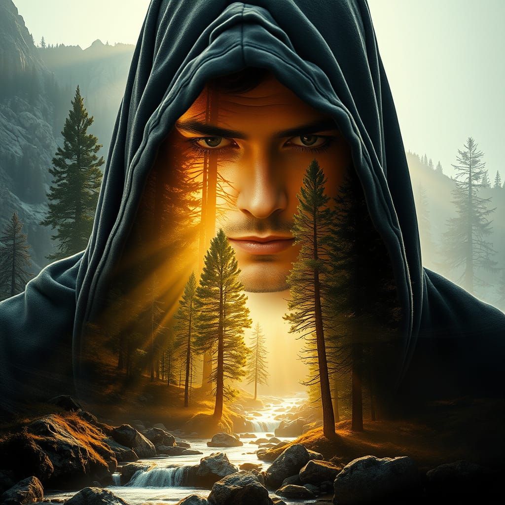 Mysterious Hooded Figure Merges With Mountain Forest Landsca...