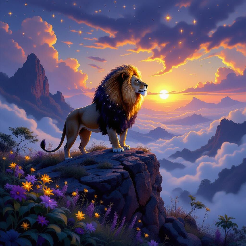 Lion with Star Mane in Dreamlike Savanna