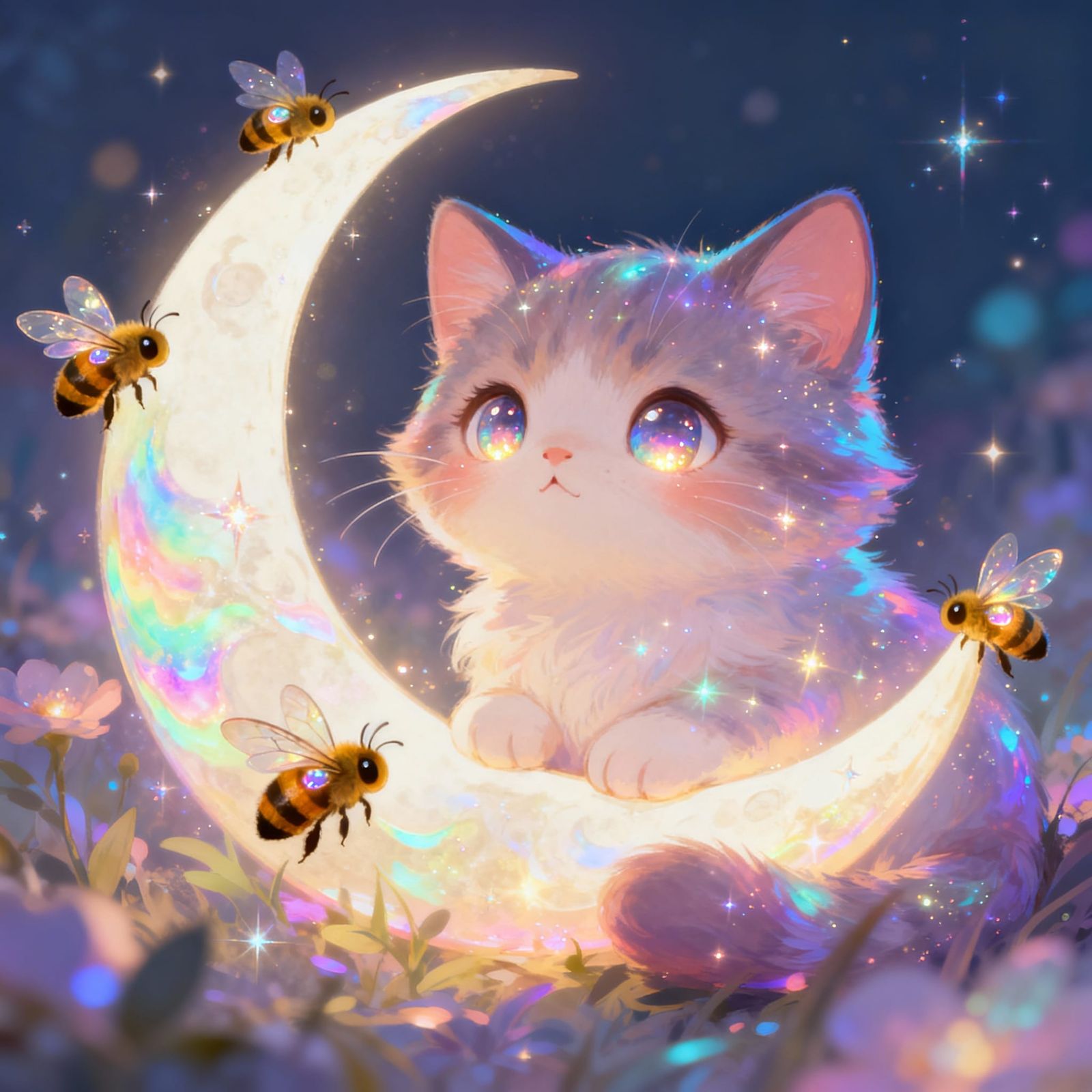 Whimsical Cats and Bees Under Sparkling Crescent Moons